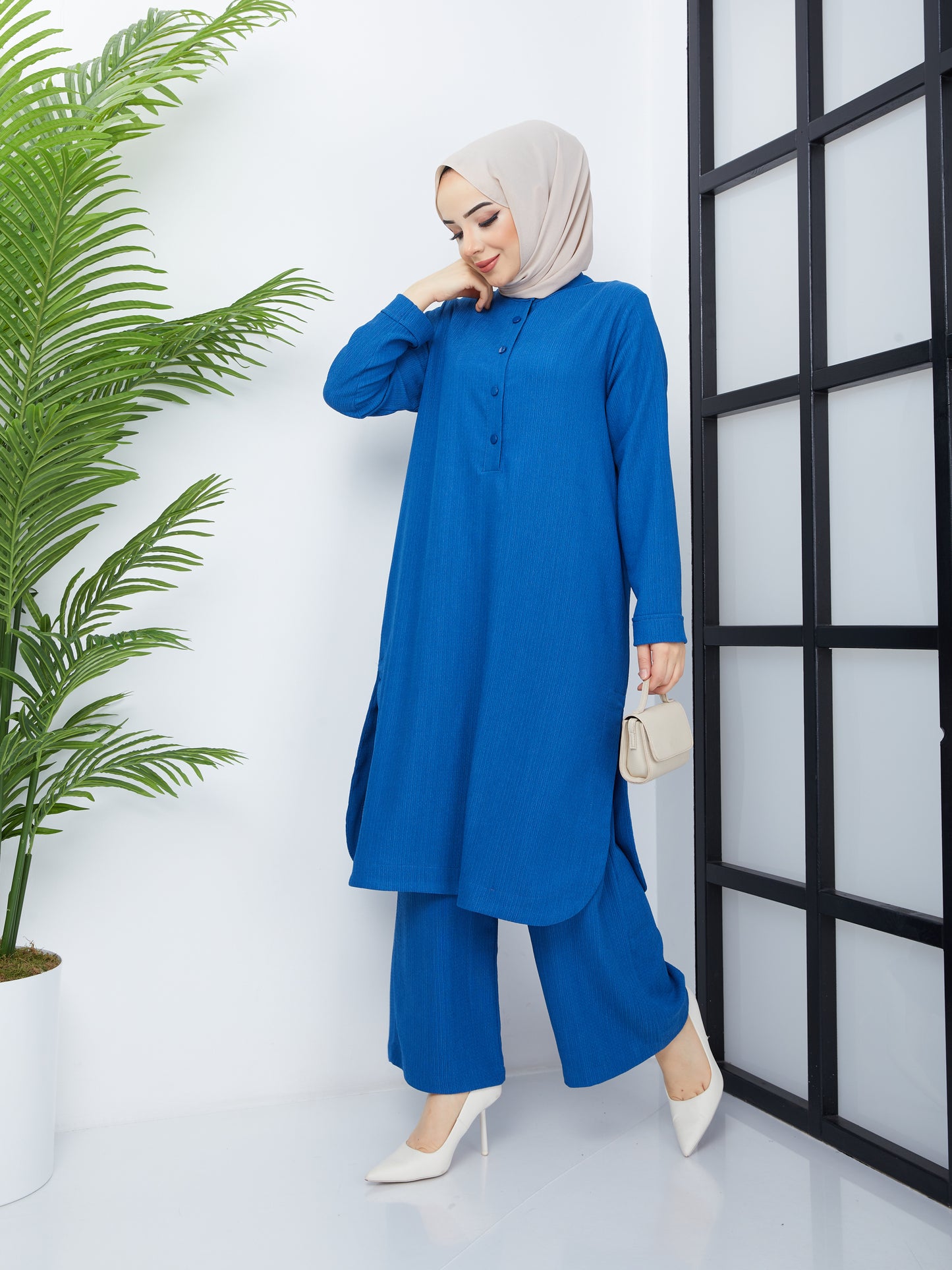 Ensemble tunique double hijab - Bleu