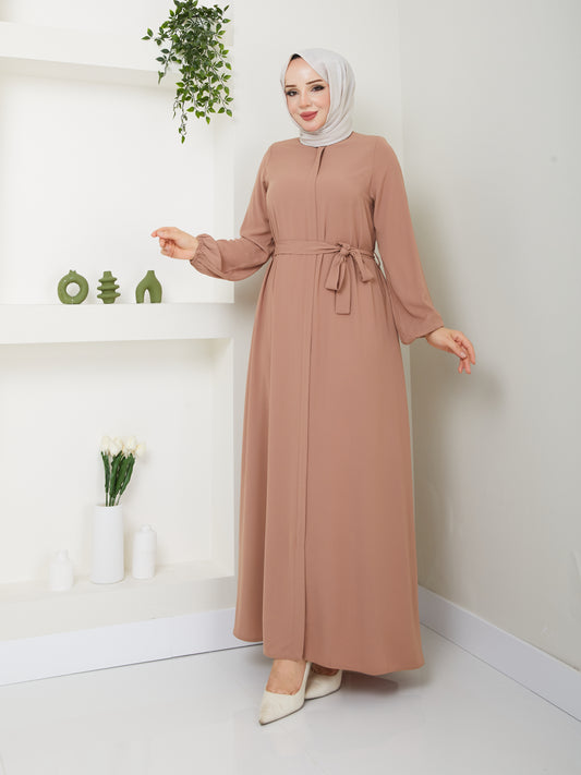 Waist Belted Casual Hijab Abaya - Beige