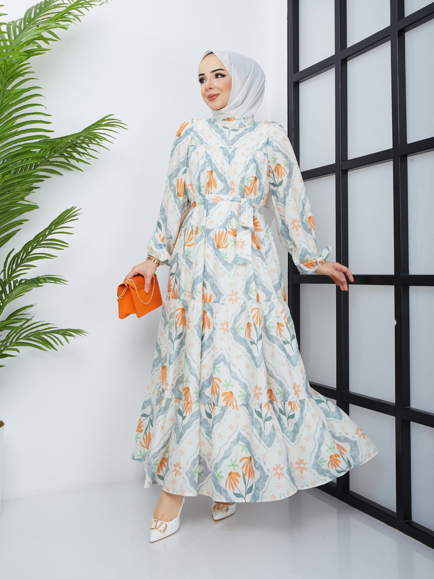 Floral Patterned Hijab Dress - Orange