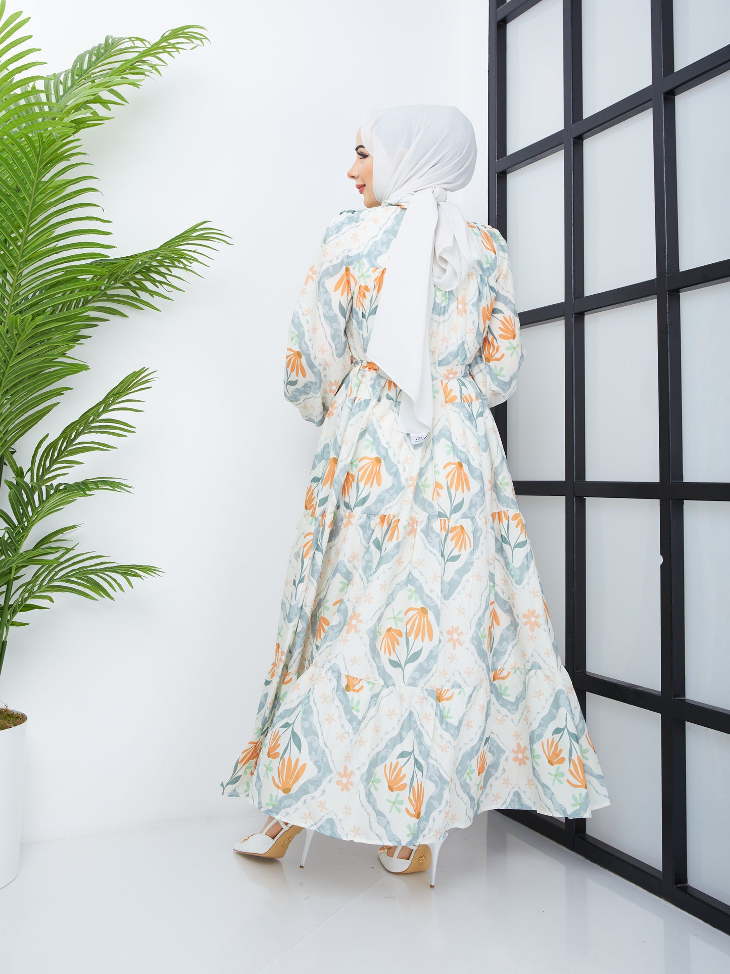 Floral Patterned Hijab Dress - Orange