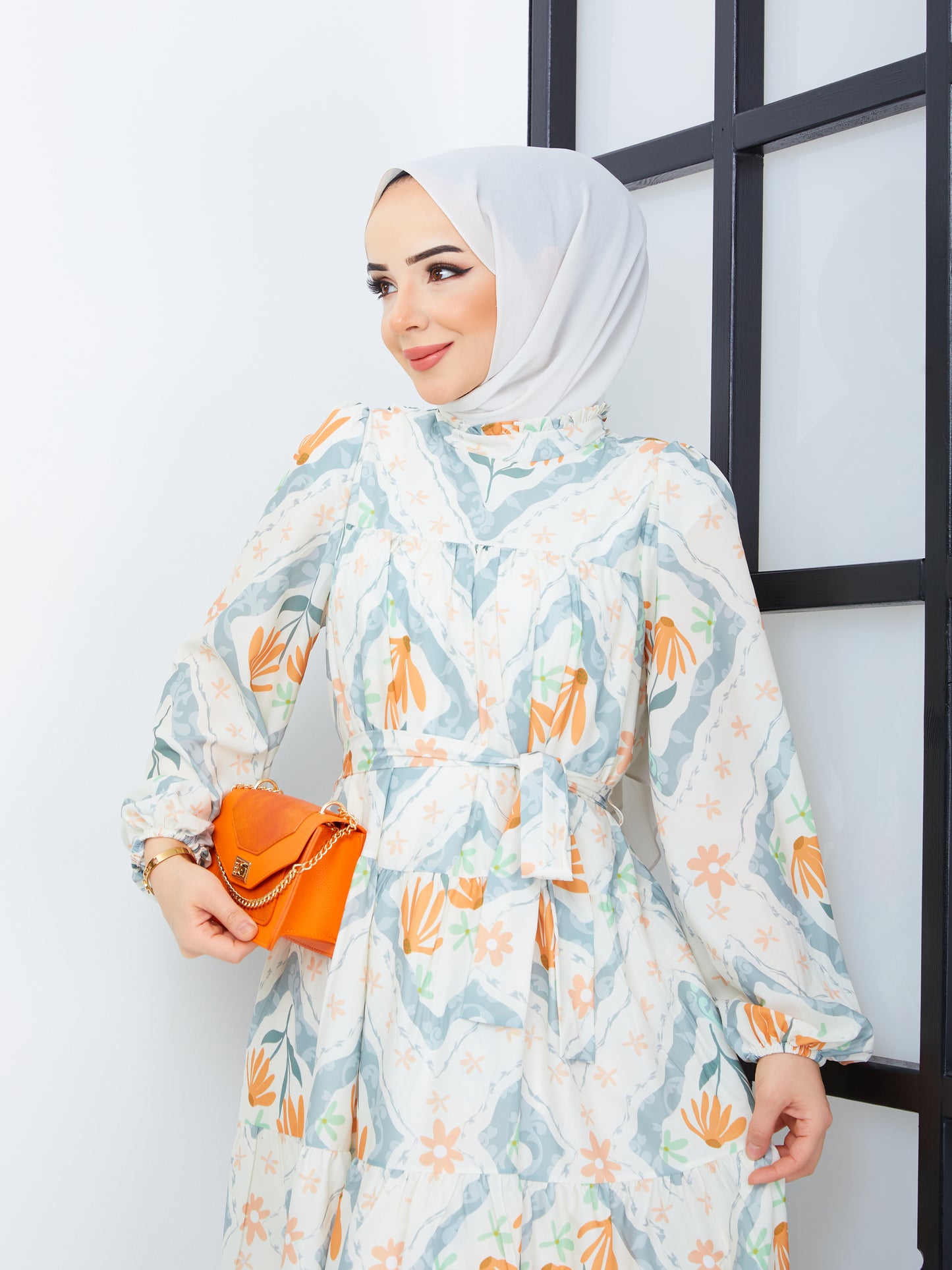 Floral Patterned Hijab Dress - Orange