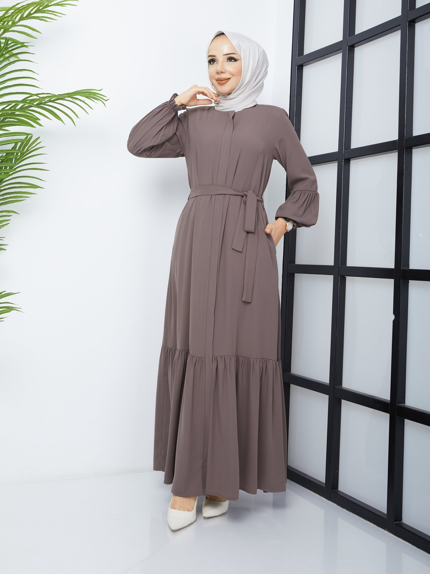 Hijab Abaya with Pleated Skirt - Mink