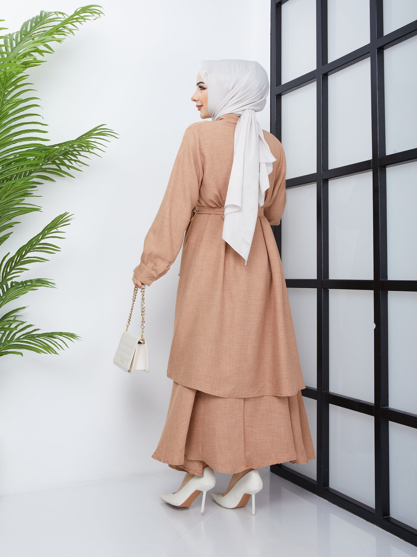 Hijab-Rock-Tunika mit Gürtel und Taille – Kamel