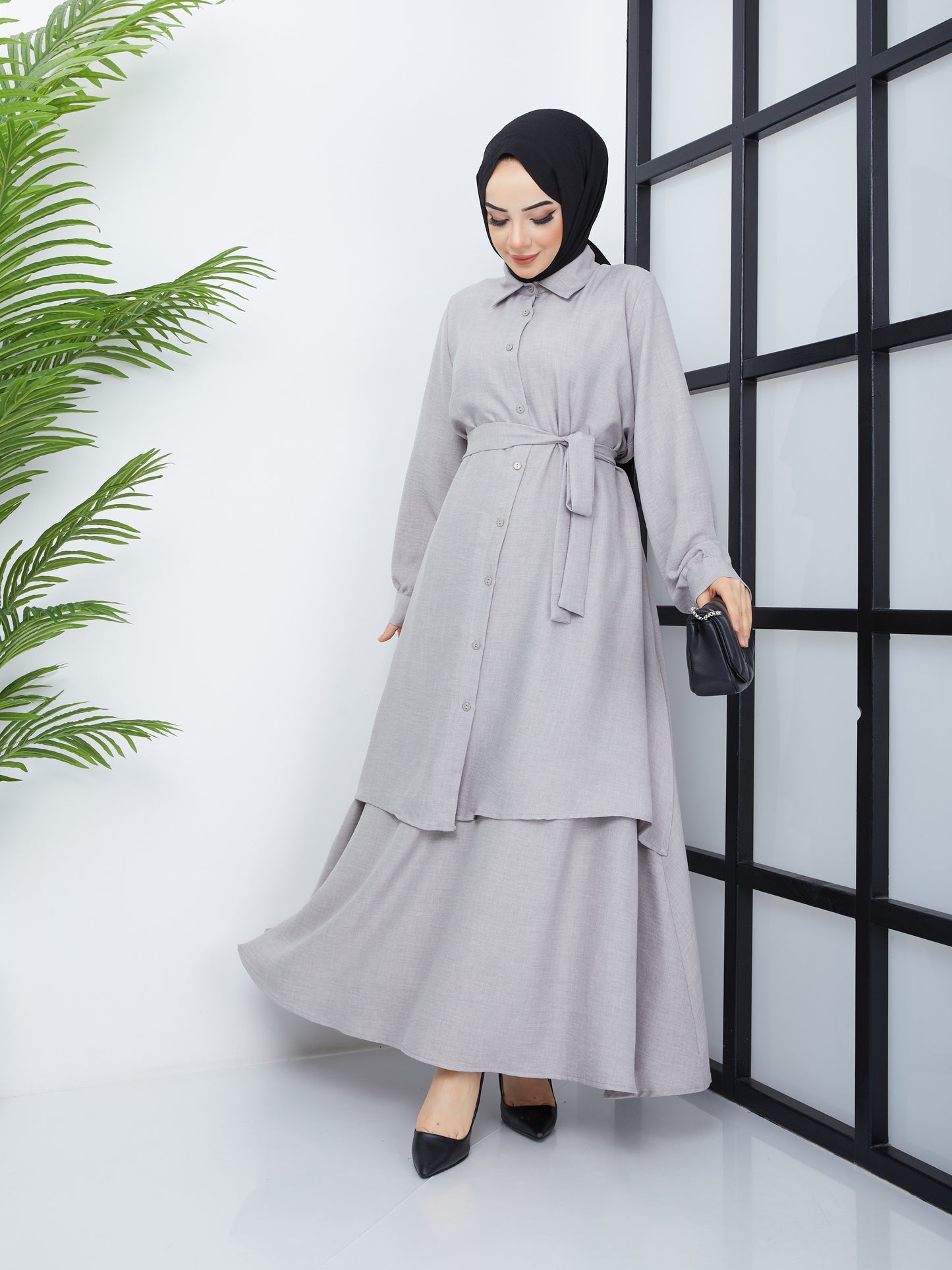 Jupe Tunique Hijab à Taille Ceinturée - Gris