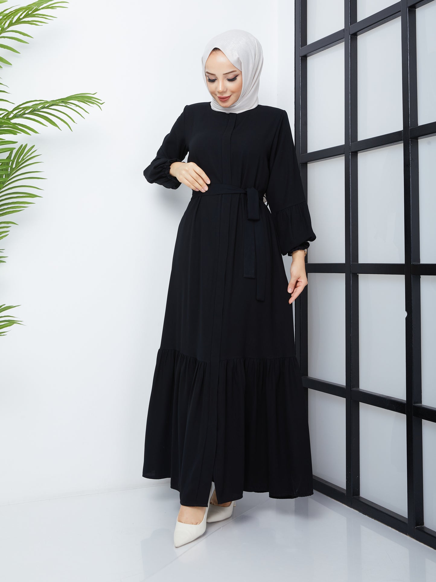 Hijab Abaya with Pleated Skirt - Black