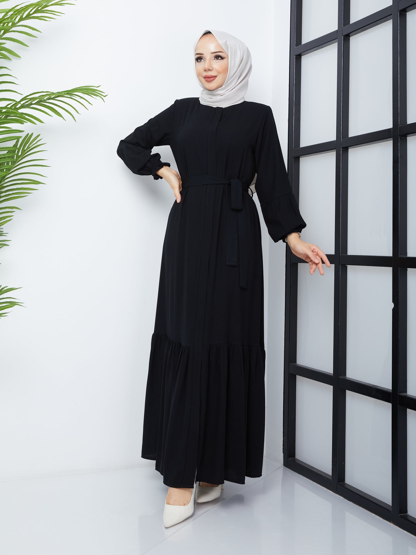 Hijab Abaya with Pleated Skirt - Black