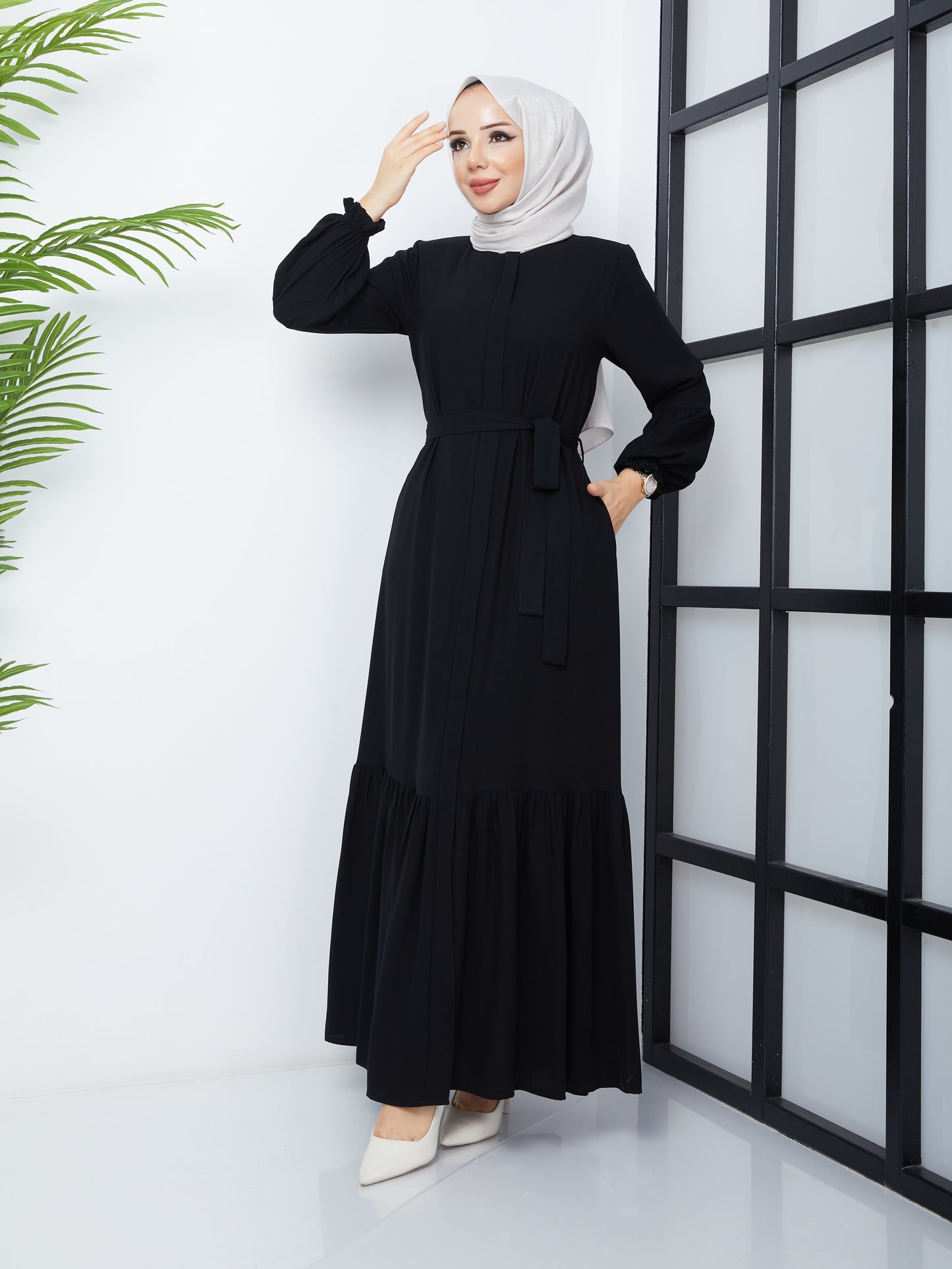 Hijab Abaya with Pleated Skirt - Black