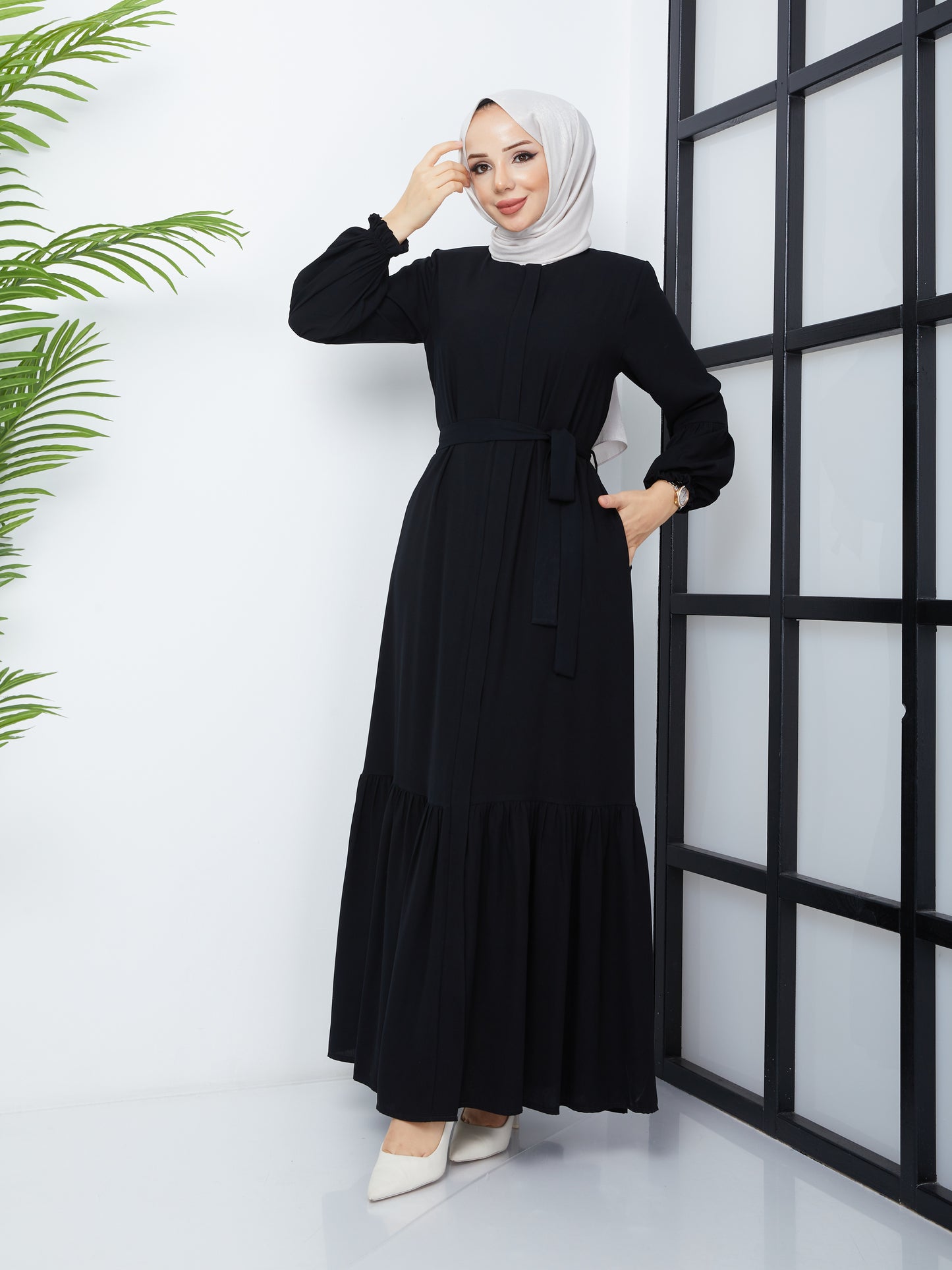 Hijab Abaya with Pleated Skirt - Black