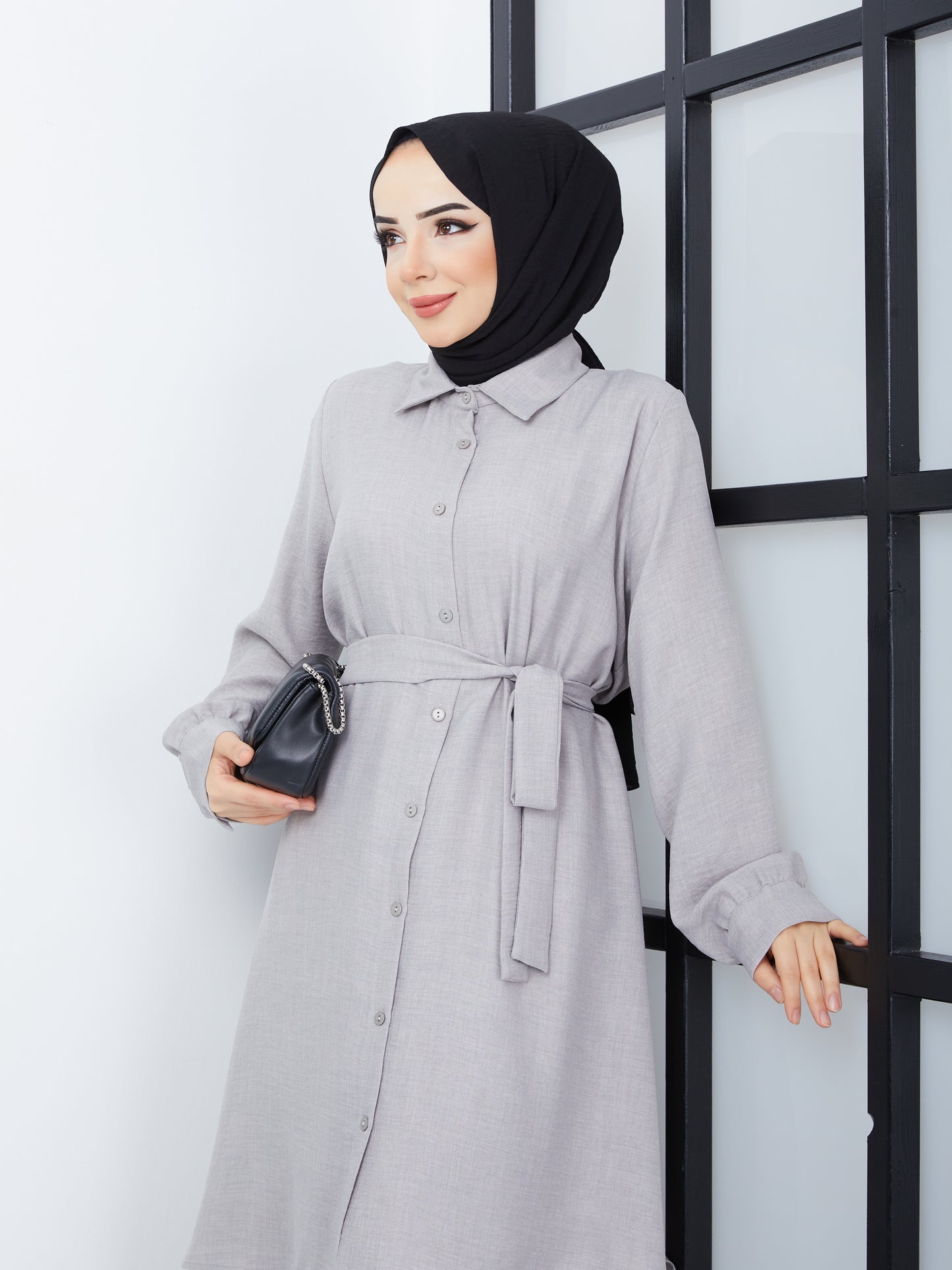 Jupe Tunique Hijab à Taille Ceinturée - Gris