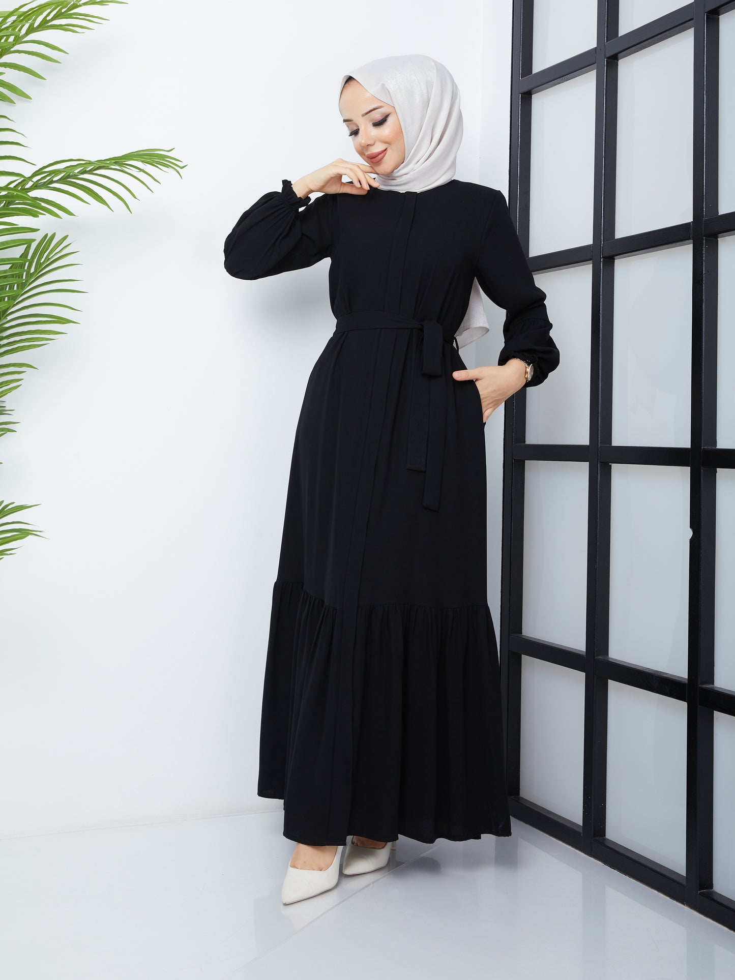 Hijab Abaya with Pleated Skirt - Black