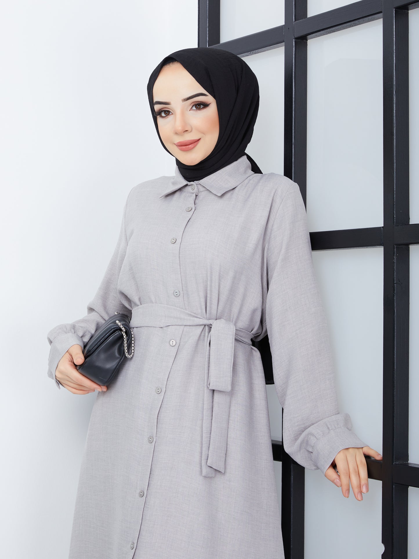 Jupe Tunique Hijab à Taille Ceinturée - Gris