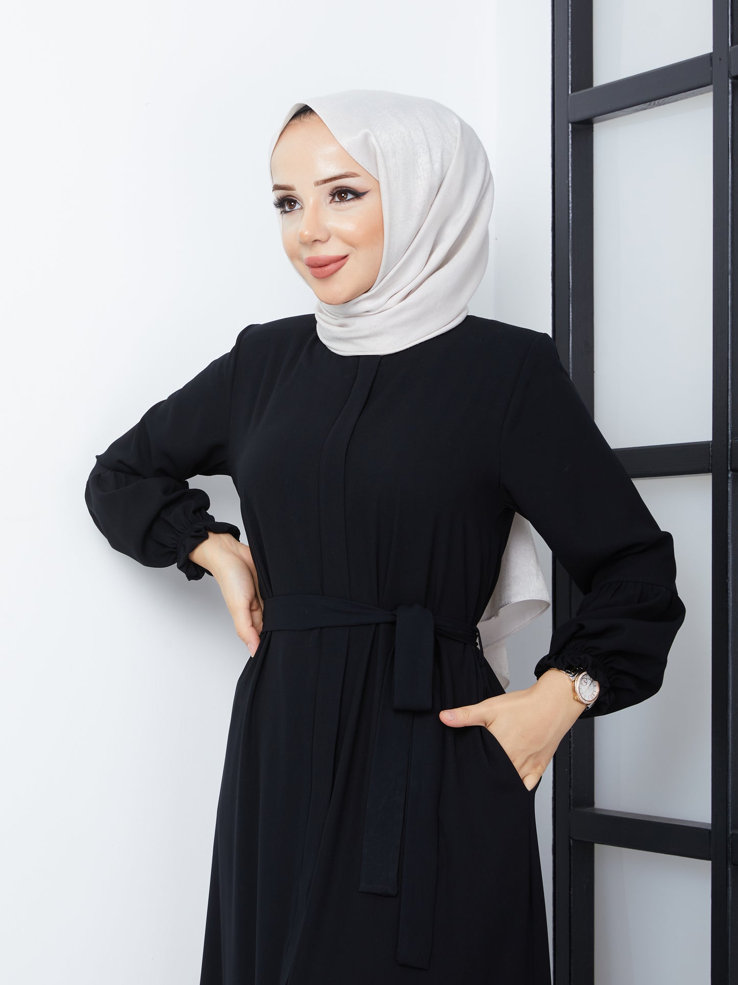 Hijab Abaya with Pleated Skirt - Black