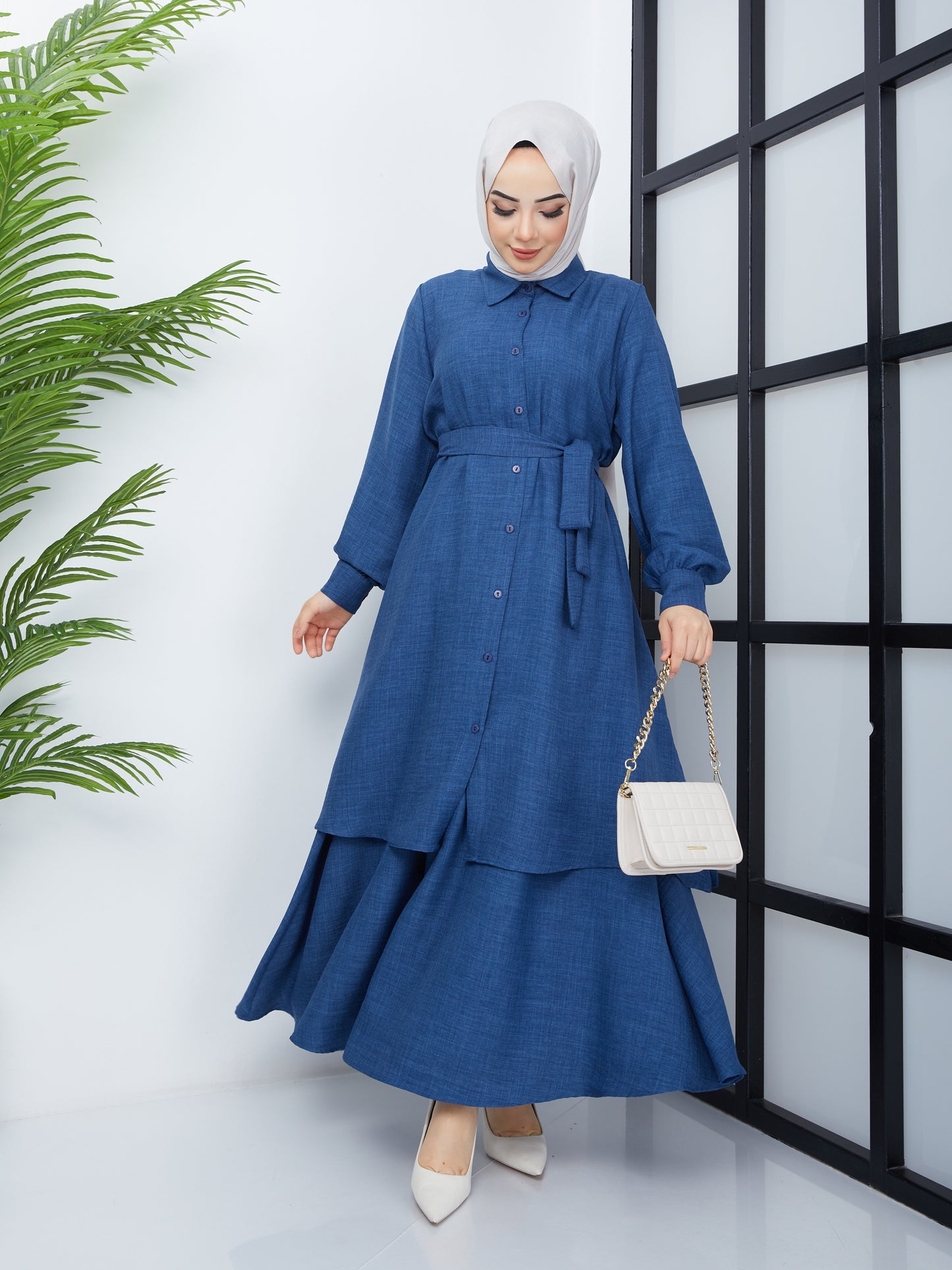 Jupe Tunique Hijab à Taille Ceinturée - Bleu Marine