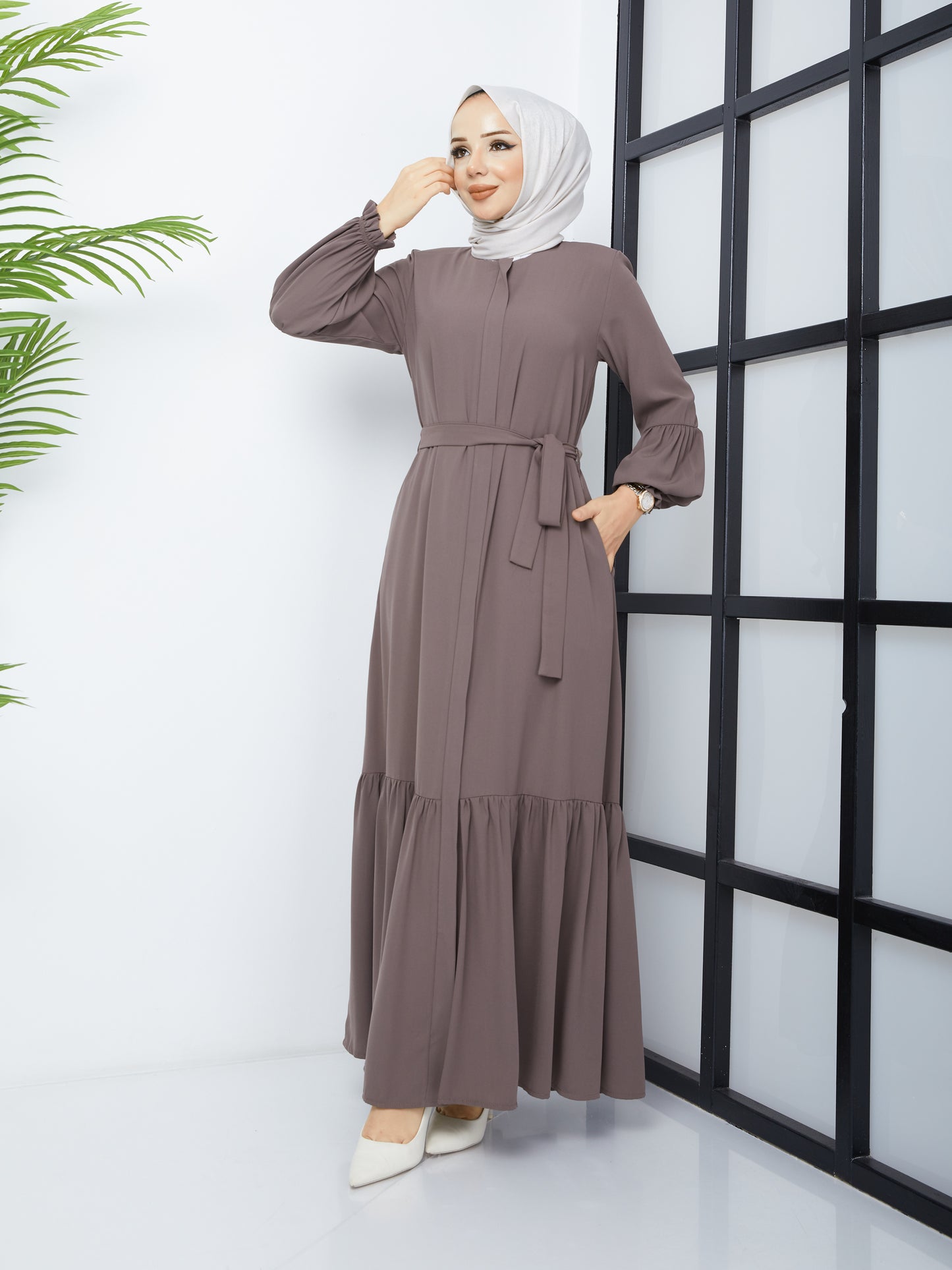 Hijab Abaya with Pleated Skirt - Mink