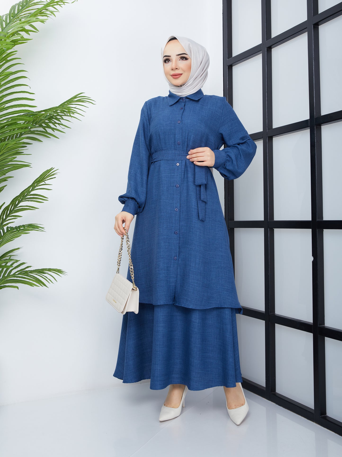 Jupe Tunique Hijab à Taille Ceinturée - Bleu Marine