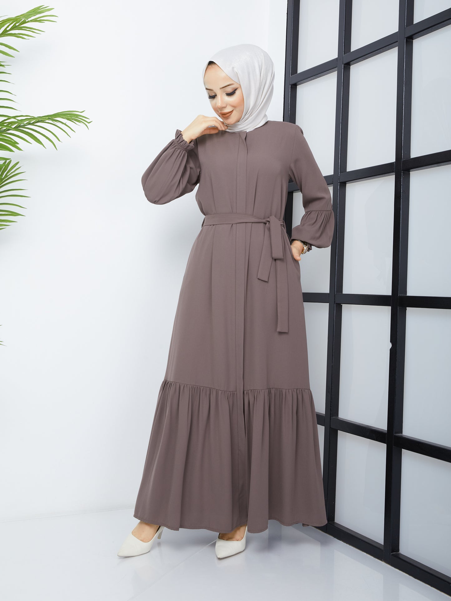 Hijab Abaya with Pleated Skirt - Mink