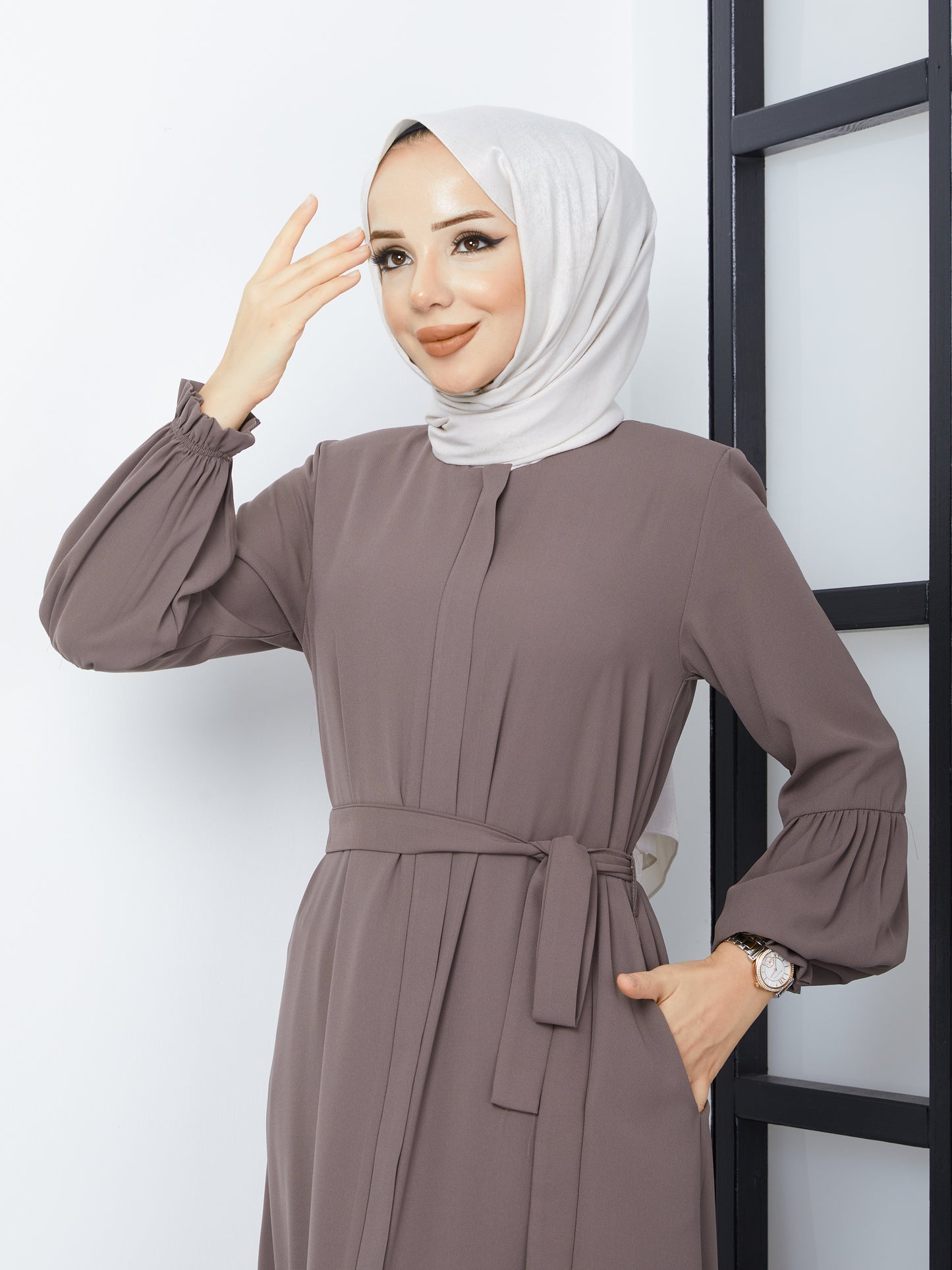 Hijab Abaya with Pleated Skirt - Mink