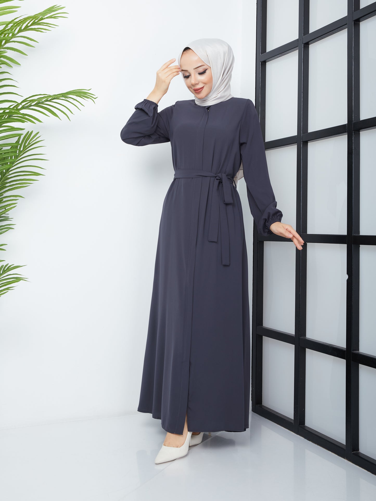 Casual Hijab Abaya with Waist Belt - Gray