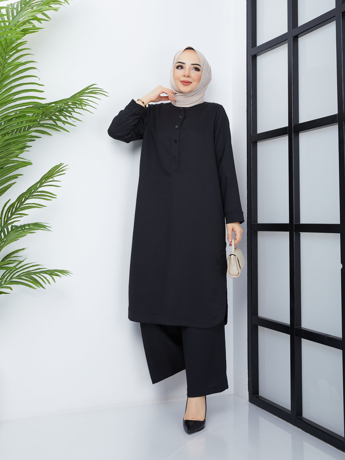 Doppeltes Hijab-Tunika-Set – Schwarz