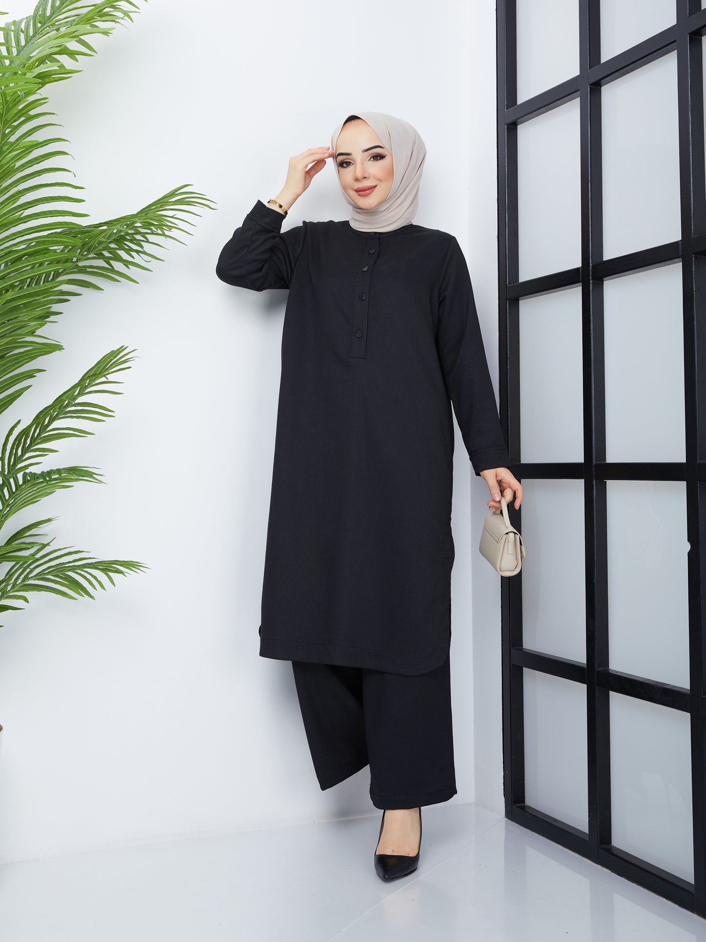 Ensemble tunique double hijab - Noir