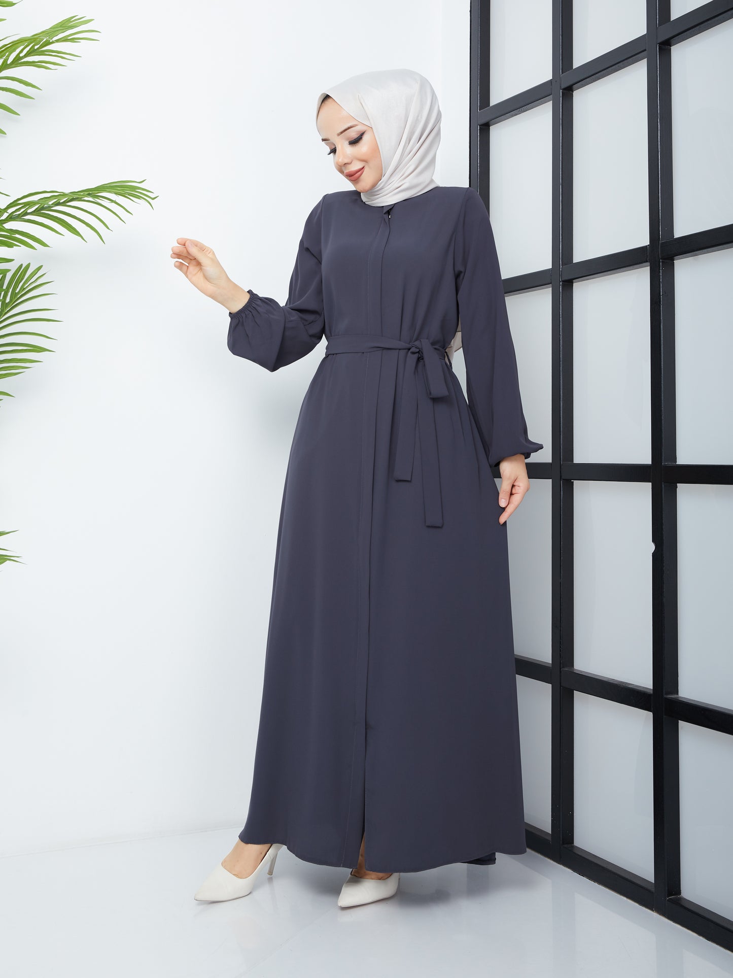 Casual Hijab Abaya with Waist Belt - Gray