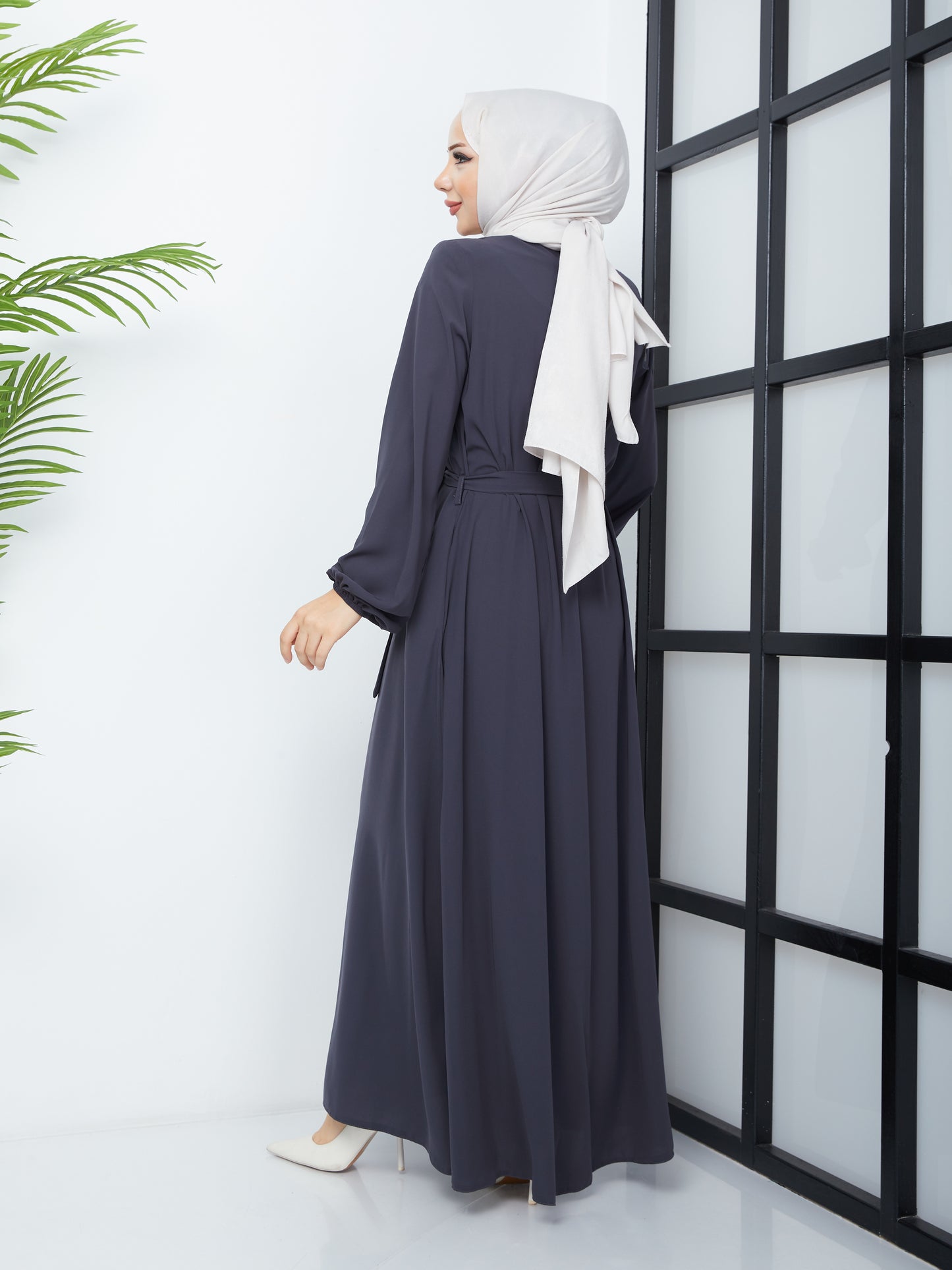 Casual Hijab Abaya with Waist Belt - Gray