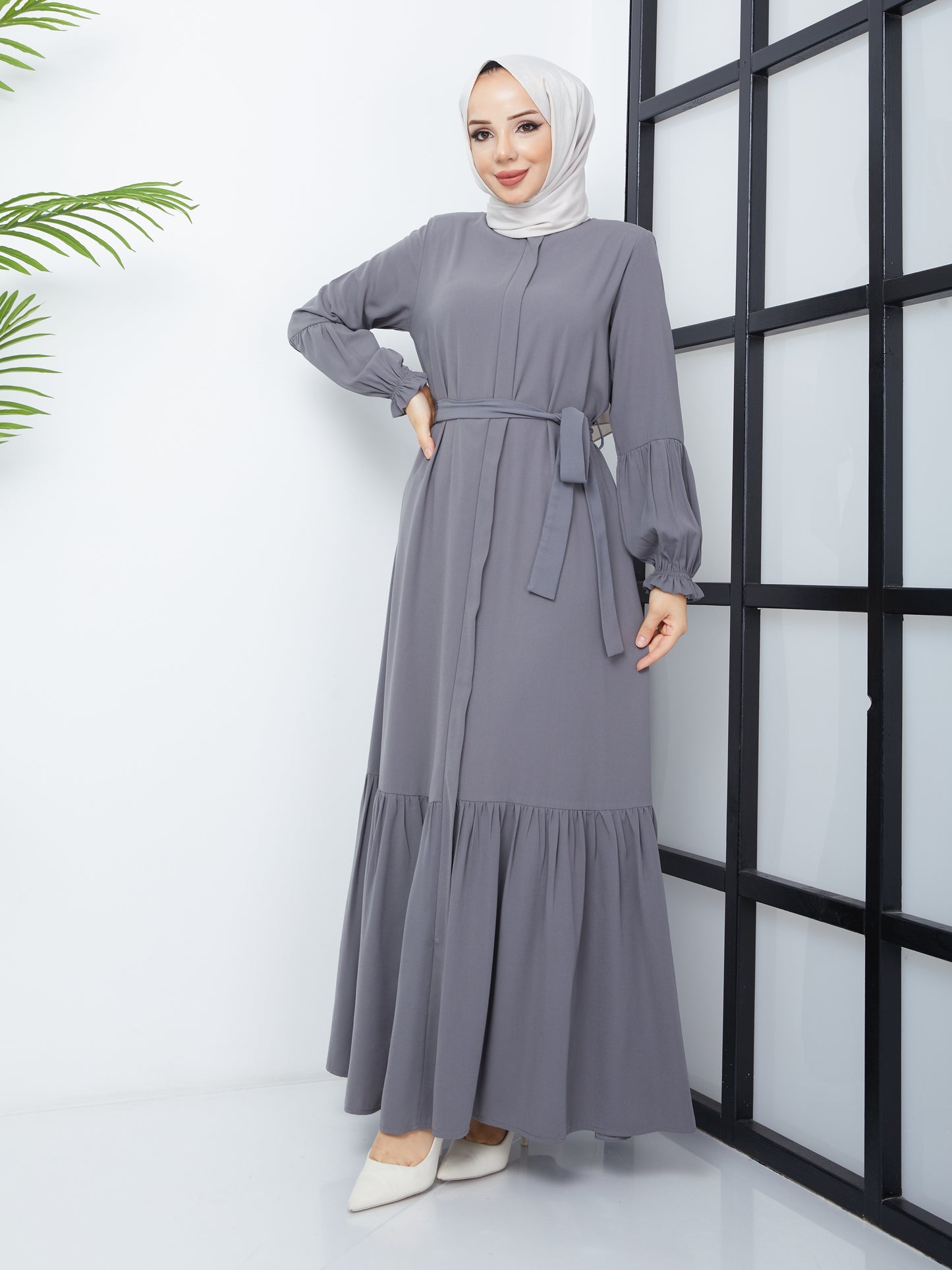 Hijab Abaya avec jupe plissée - Gris