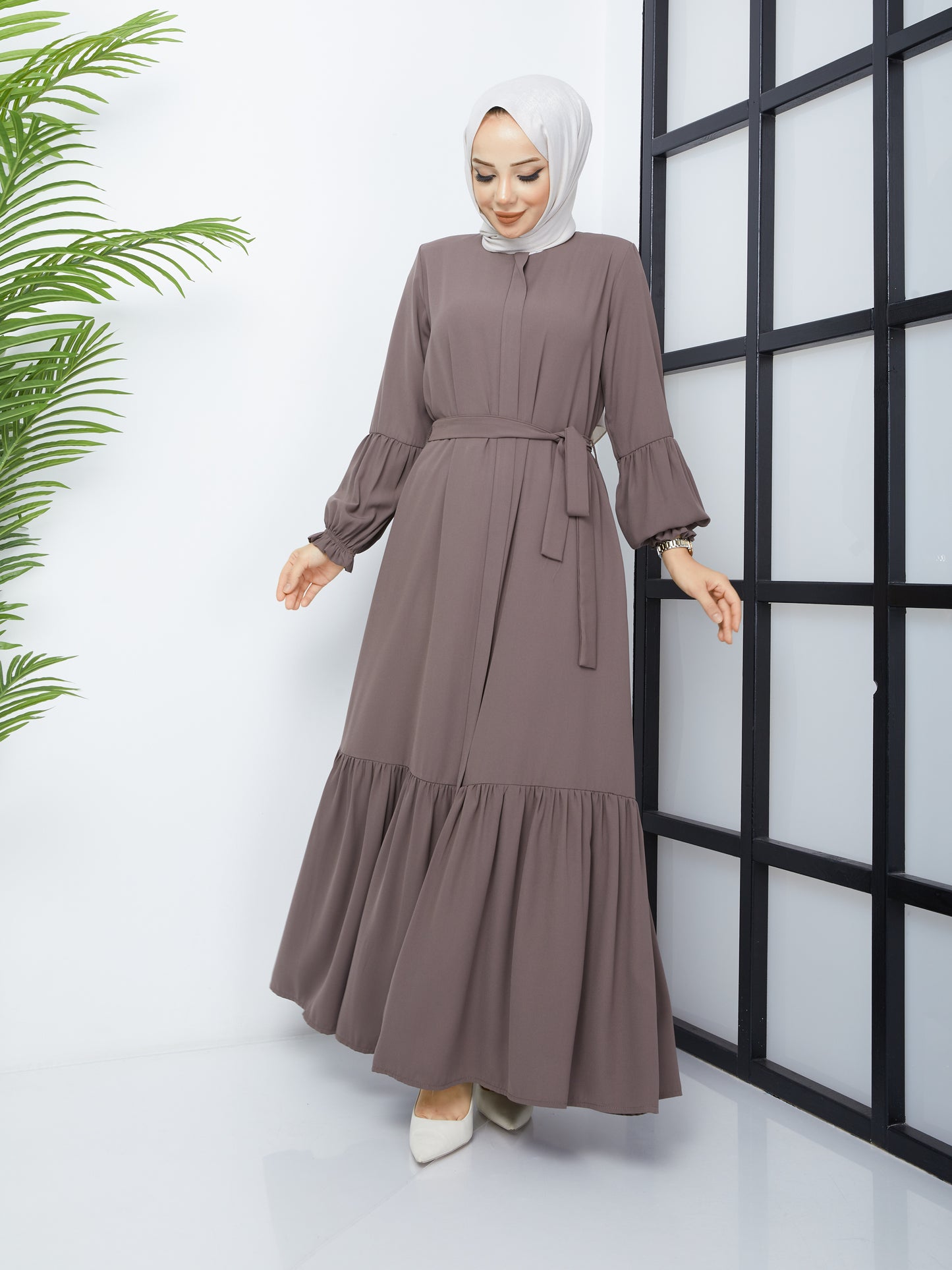 Hijab Abaya with Pleated Skirt - Mink