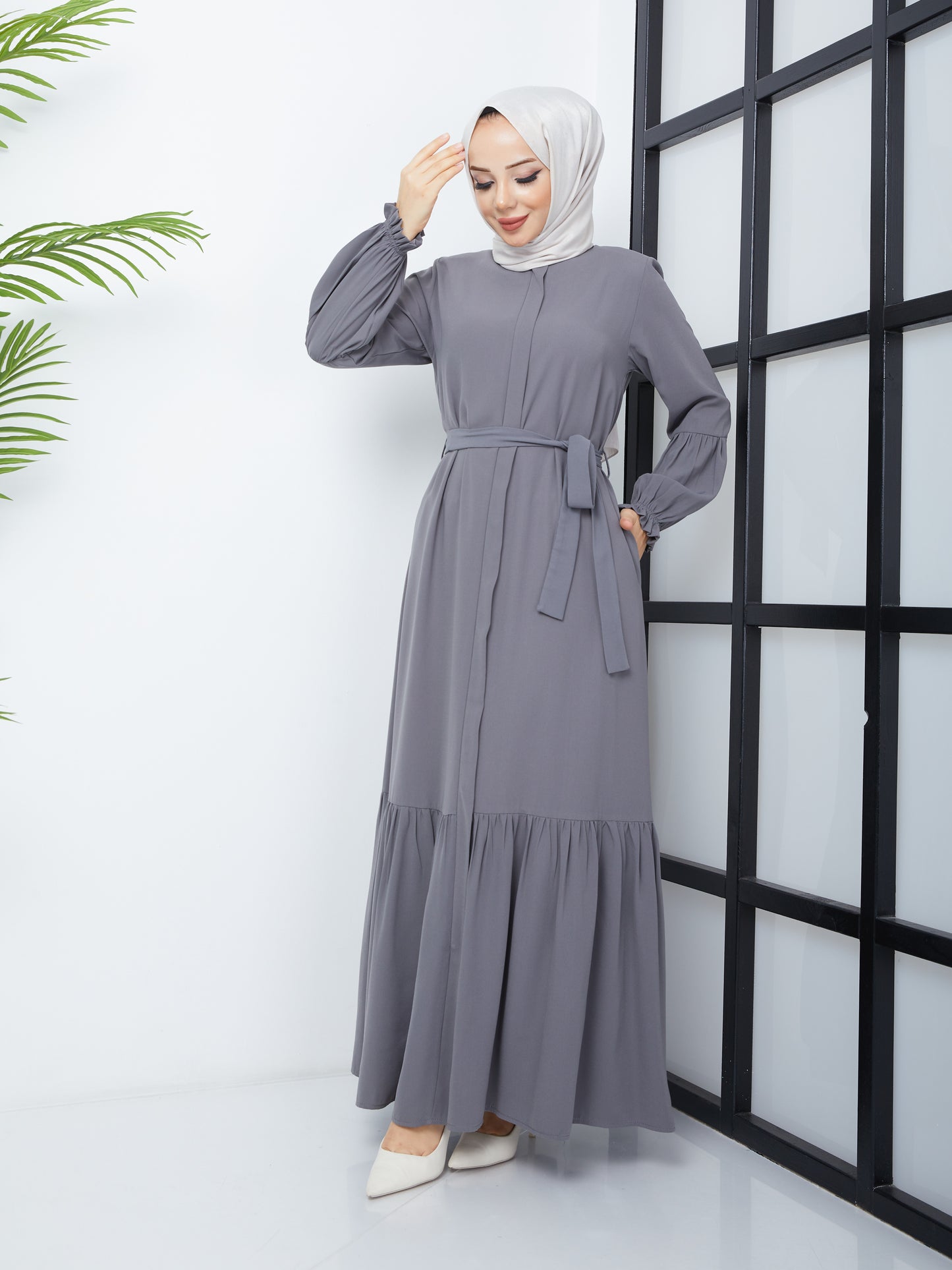 Hijab Abaya avec jupe plissée - Gris