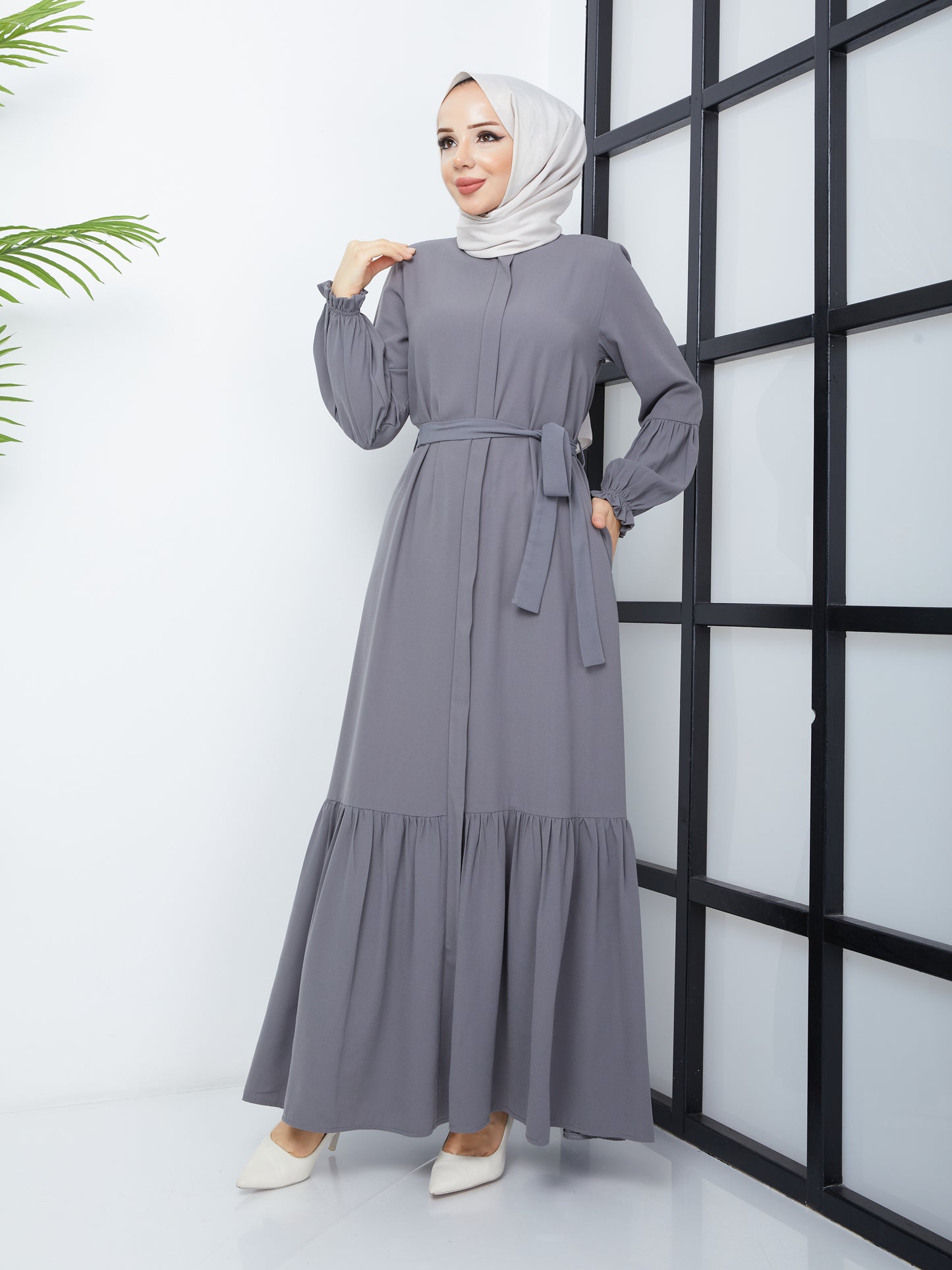 Hijab Abaya avec jupe plissée - Gris