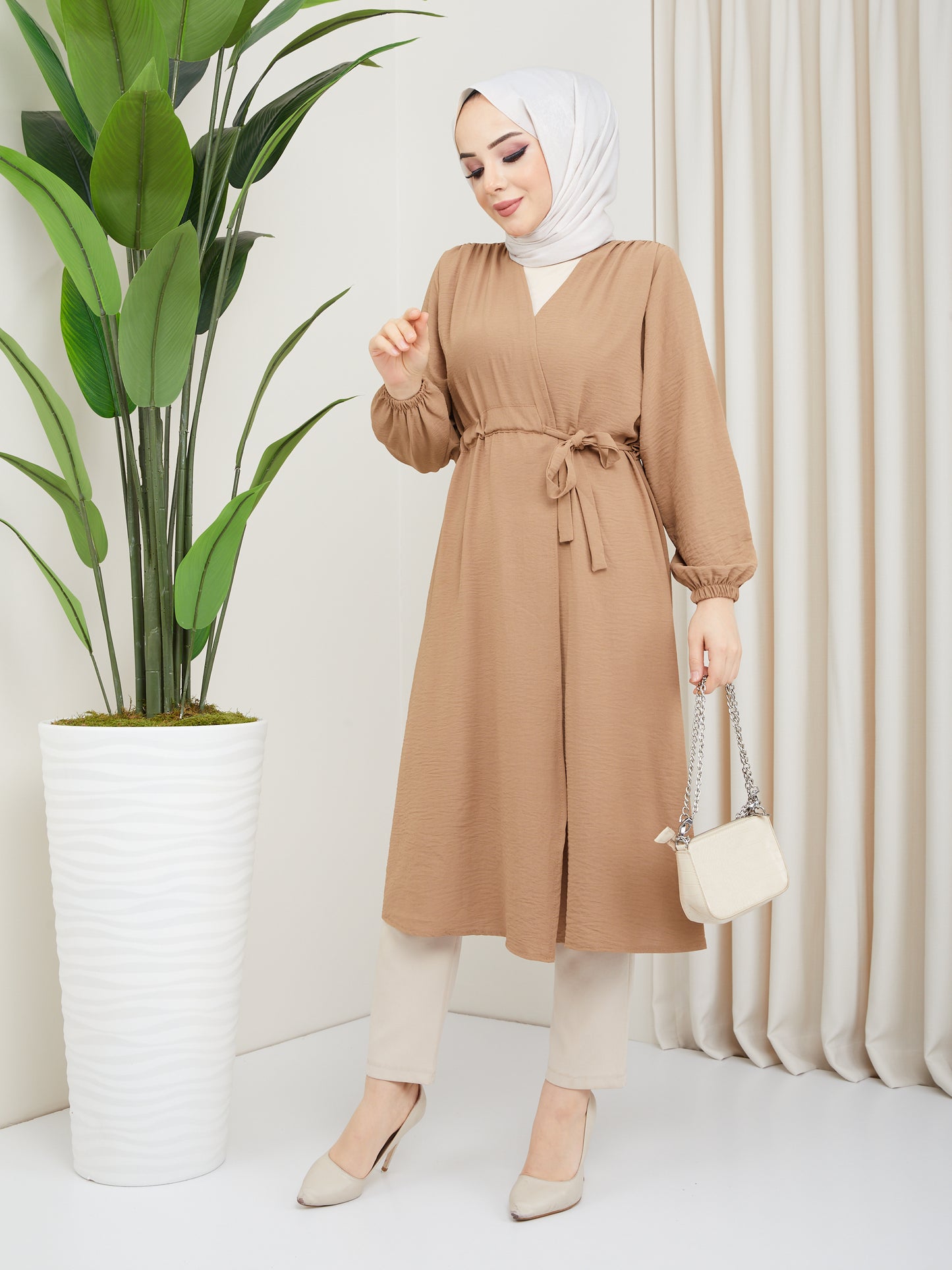 Manteau Hijab Ceinturé - Crème