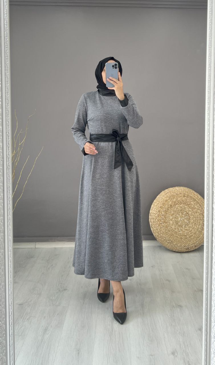 Long Hijab Dress with Belted Waist - Anthracite