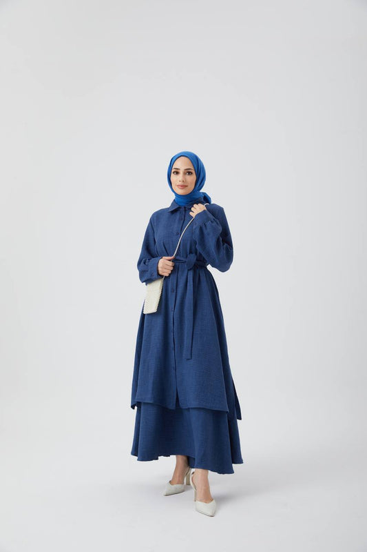 Jupe Tunique Hijab à Taille Ceinturée - Bleu Marine