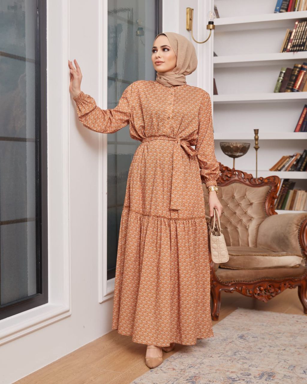 Patterned Dress with Frilly Hem, Brick Red