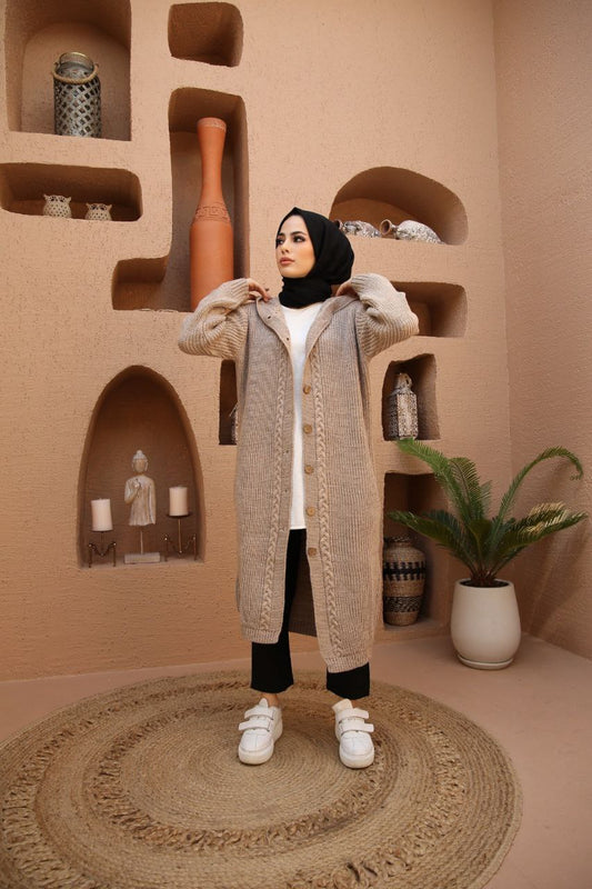 Hooded Long Knitwear Cardigan - Cream