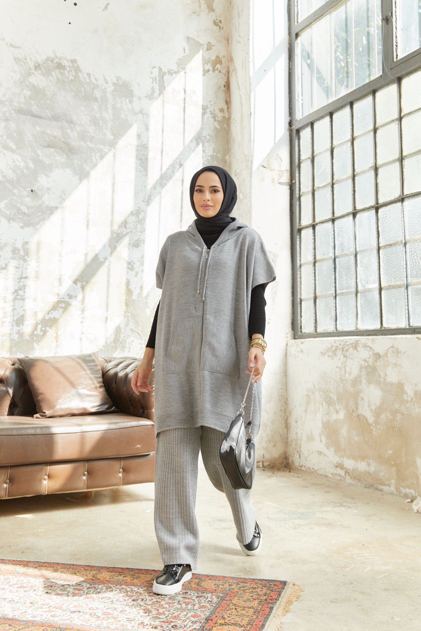 Ensemble de tricots long hijab 2 pièces - Gris