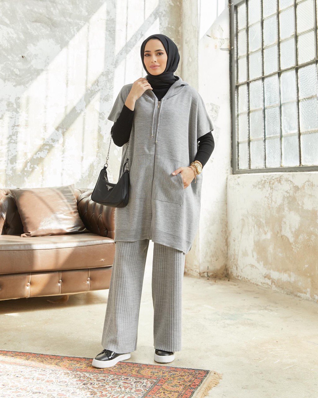 Ensemble de tricots long hijab 2 pièces - Gris