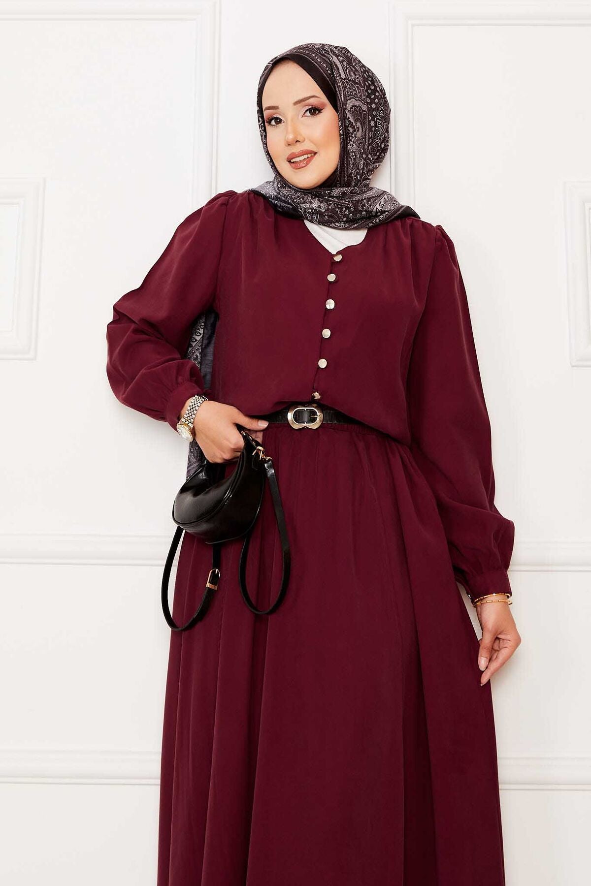 Eteği Pileli  İkili Tesettür Takım bordo