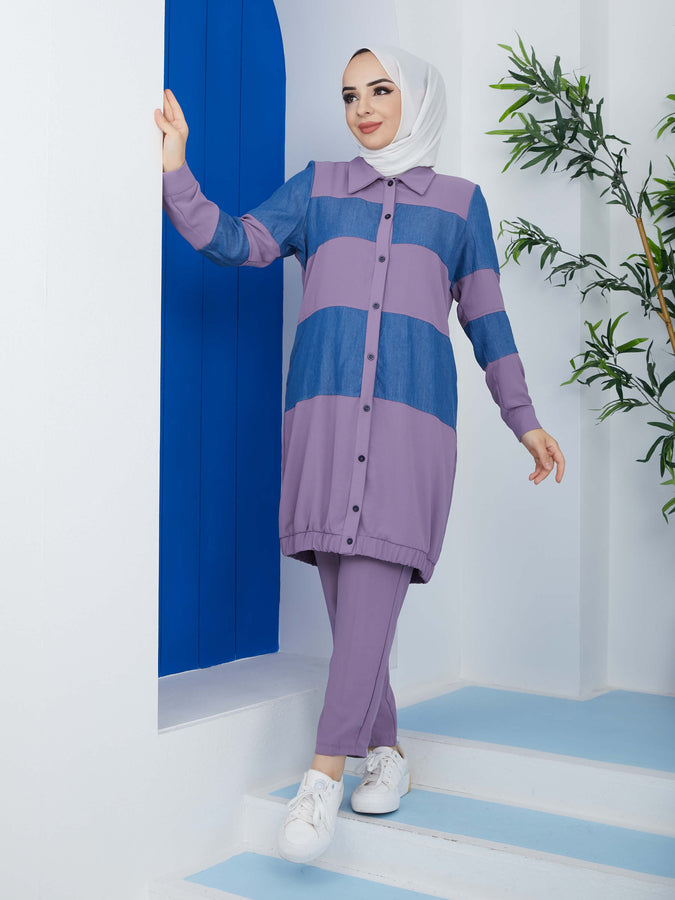 Elastischer 2-teiliger Hijab-Anzug Lila