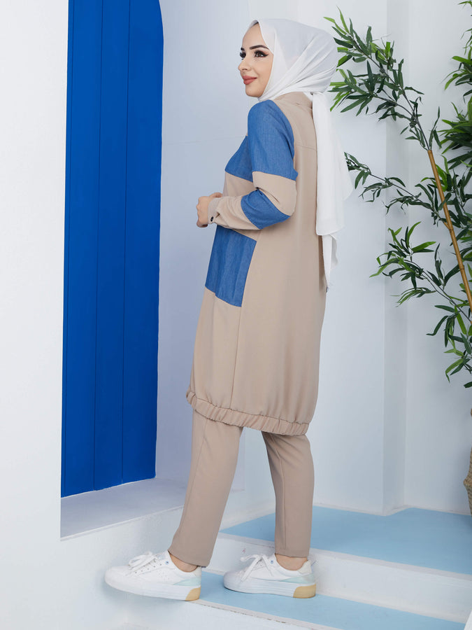 Elastischer 2-teiliger Hijab-Anzug in Creme