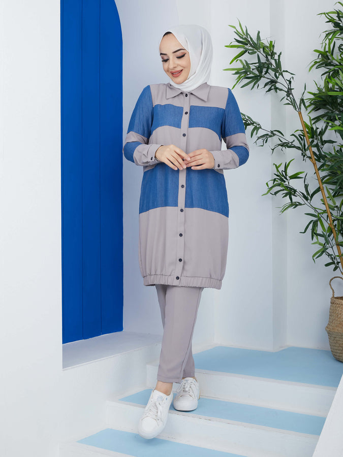 Costume Hijab Élastique 2 Pièces Gris