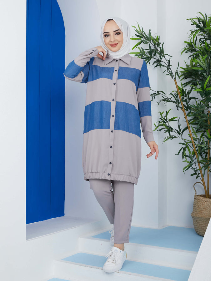 Costume Hijab Élastique 2 Pièces Gris