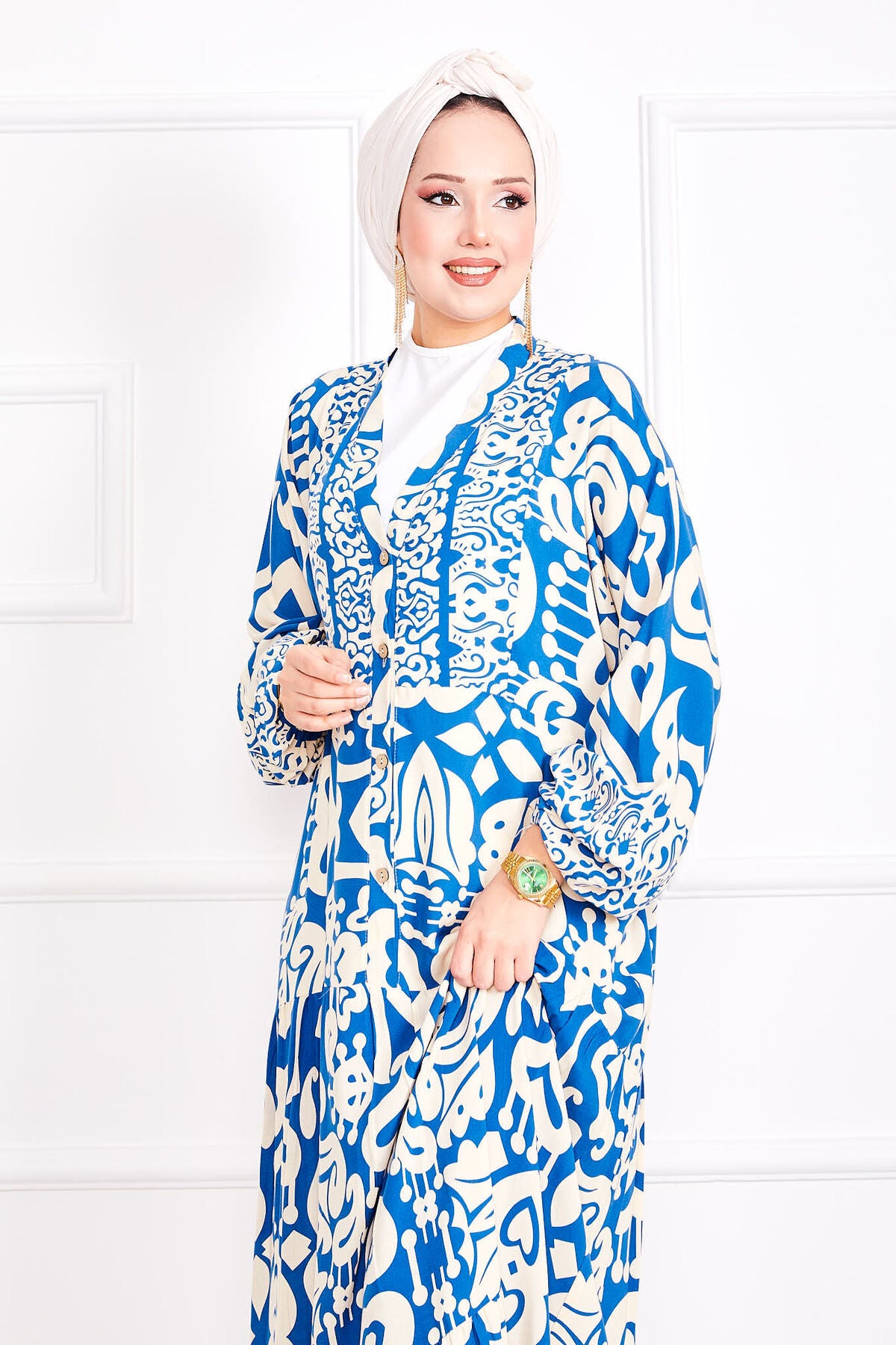 Desenli Yarım Düğmeli Tesettür Elbise indigo
