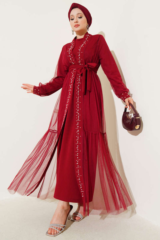 İncili Abaya Takım bordo
