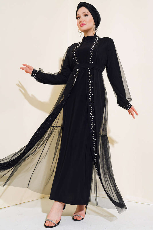 İncili Abaya Takım siyah