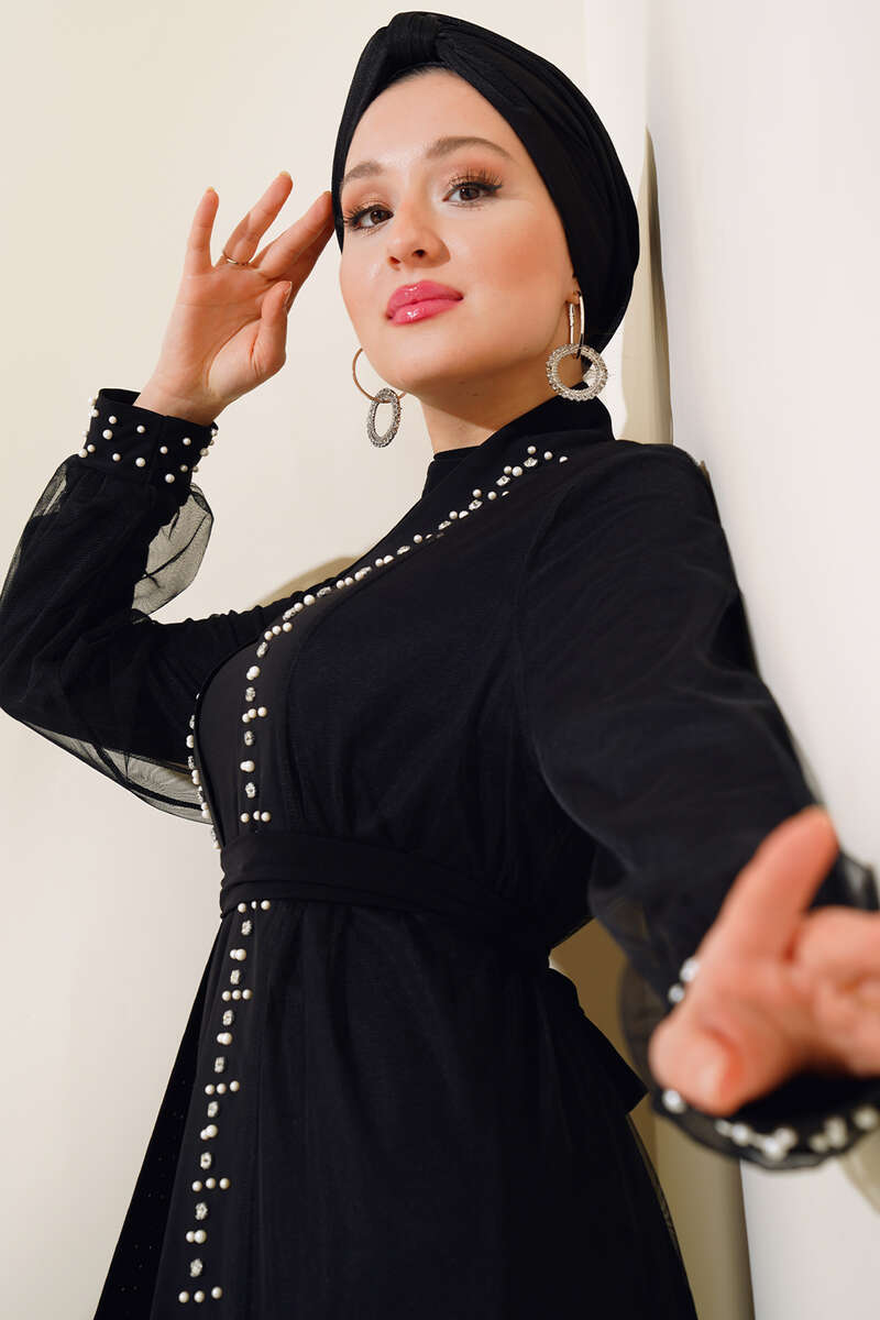 İncili Abaya Takım siyah