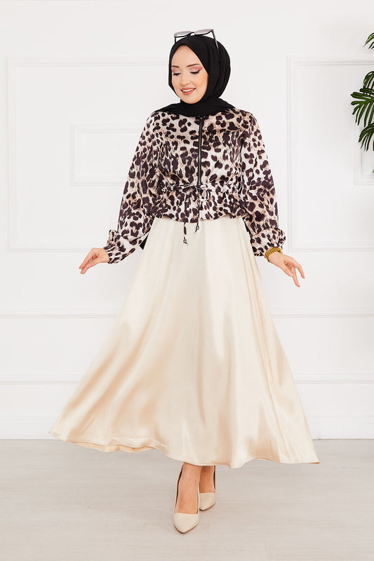Leopar Desenli Saten Takım Bej