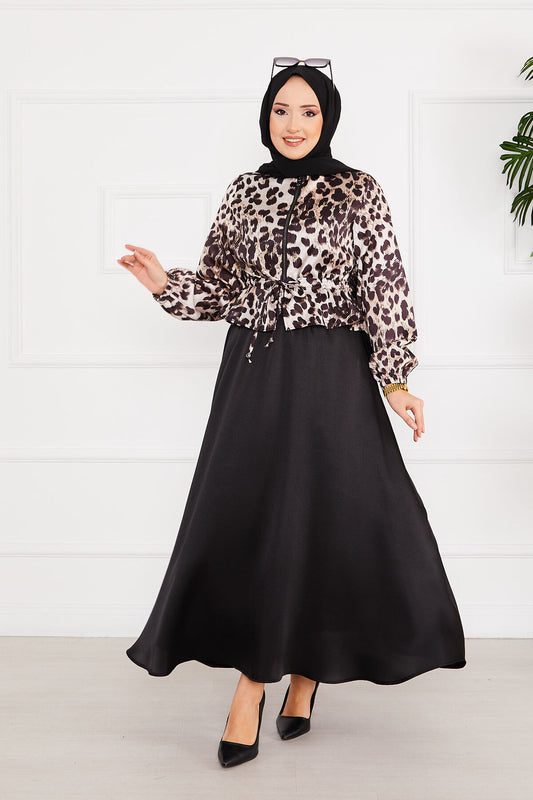 Leopar Desenli Tesettür Saten Takım Siyah