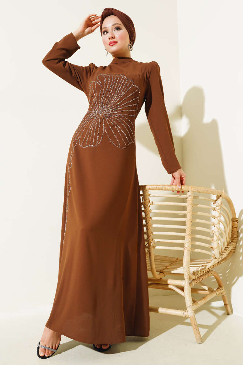 Önü Çiçek desenli Abiye Elbise Camel