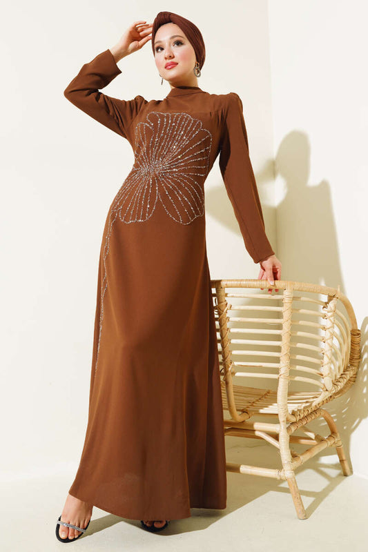 Önü Çiçek desenli Abiye Elbise Camel